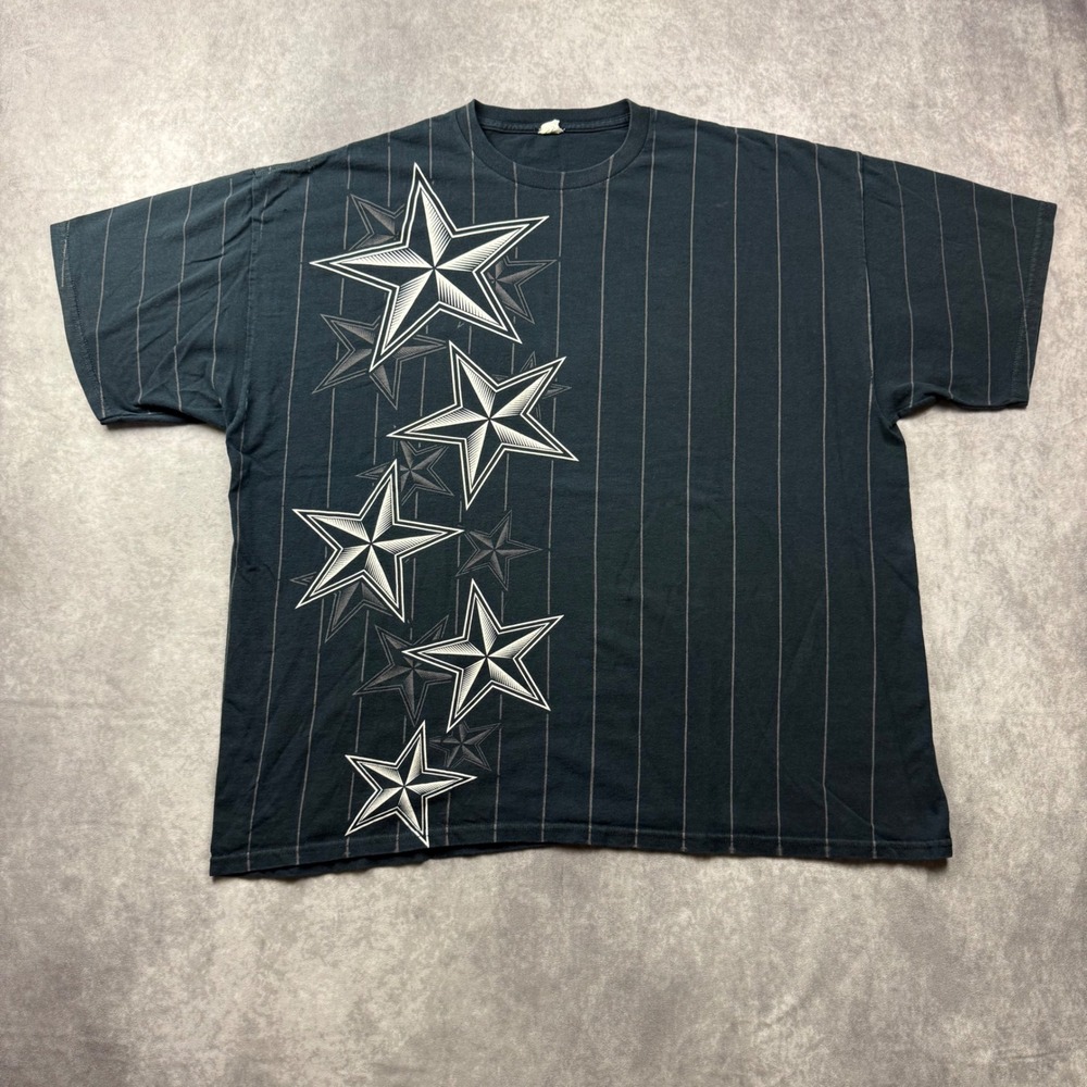 Black Pinstripe Star Graphic T-Shirt Mens 2XL Y2K Streetwear Tee